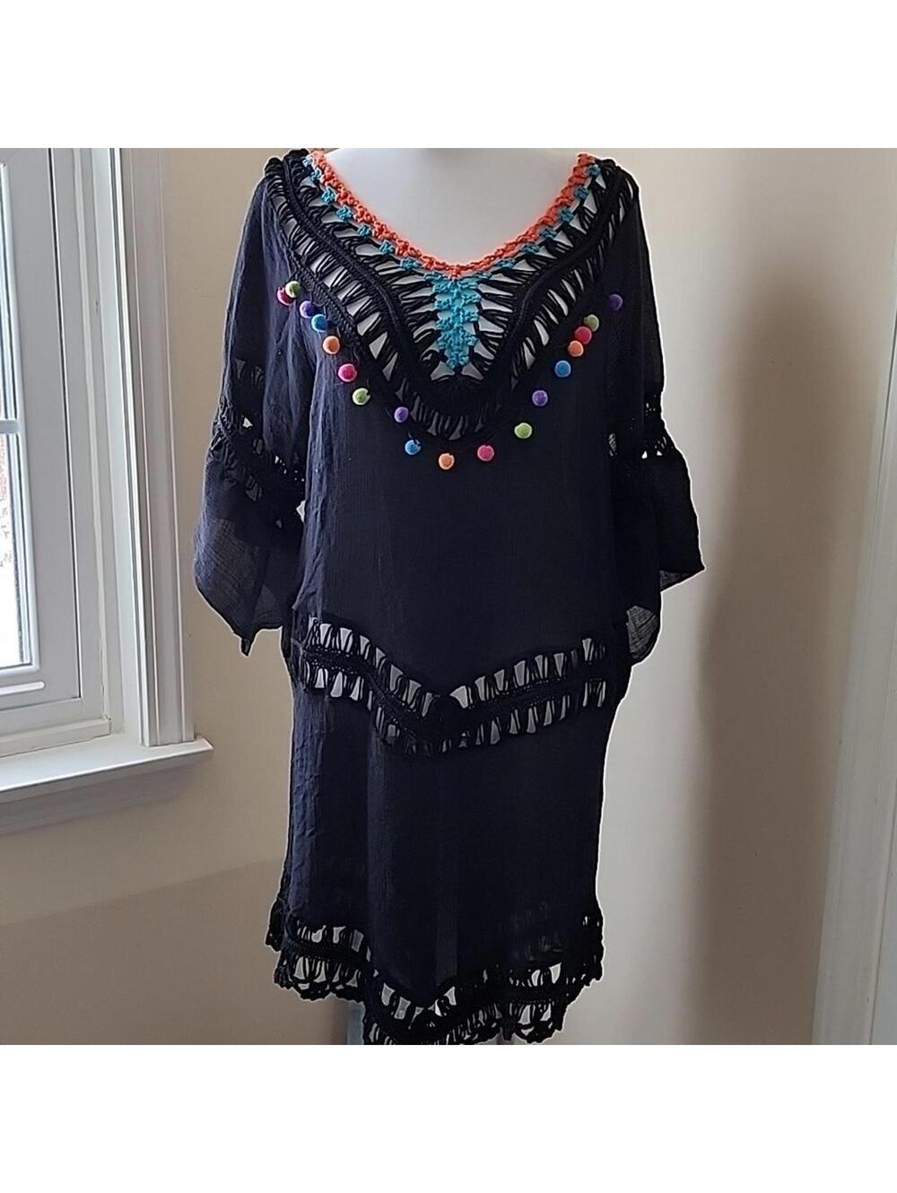 Beach by exist eyelit sheer womens black swim coverup dress sz L/XL boho crochet